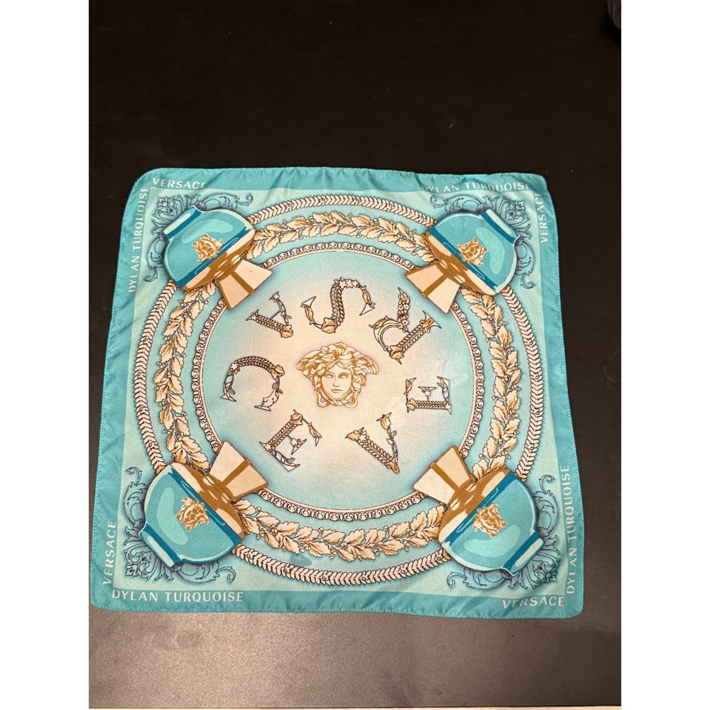 Versace Dylan Turquoise Silk Scarf Medusa Perfume Bottle Print Made in Italy